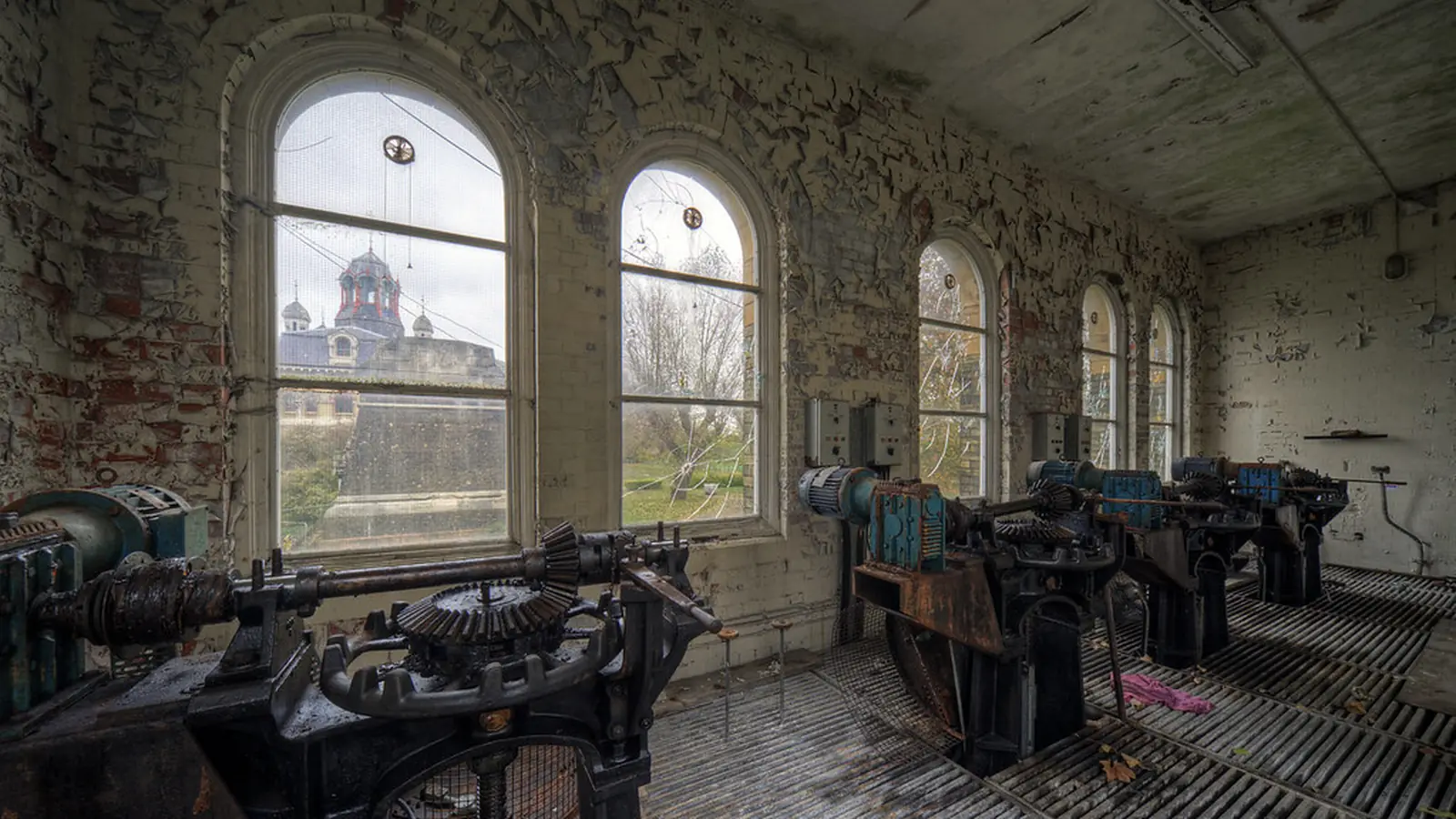 Row of large centrifugal pump sets in a historic pump station