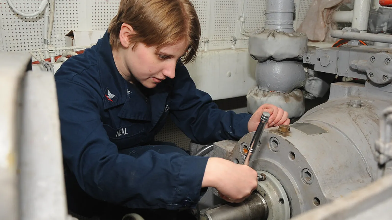 Technician dismantling a pump with flanged seal housing