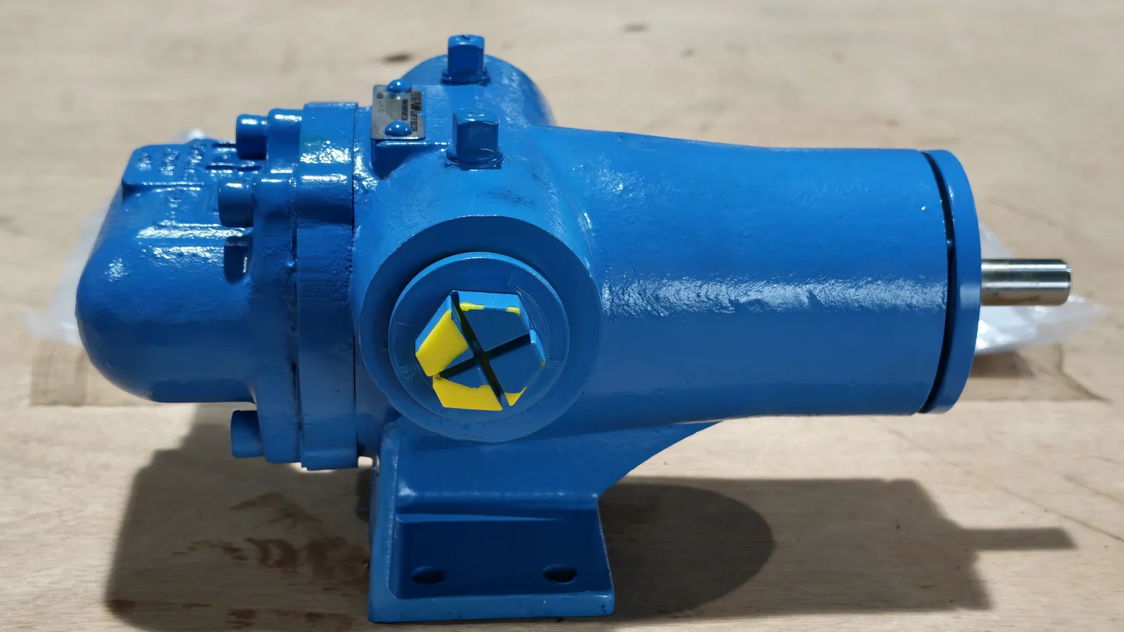 Blue pump unit with reducer on the shop floor